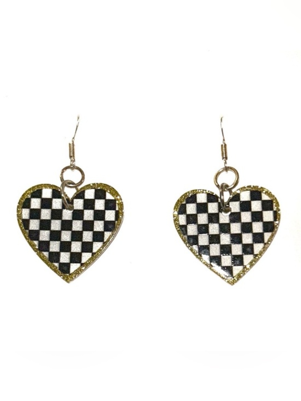 Gold-Trim Black & White Checkered Heart Drop Earrings